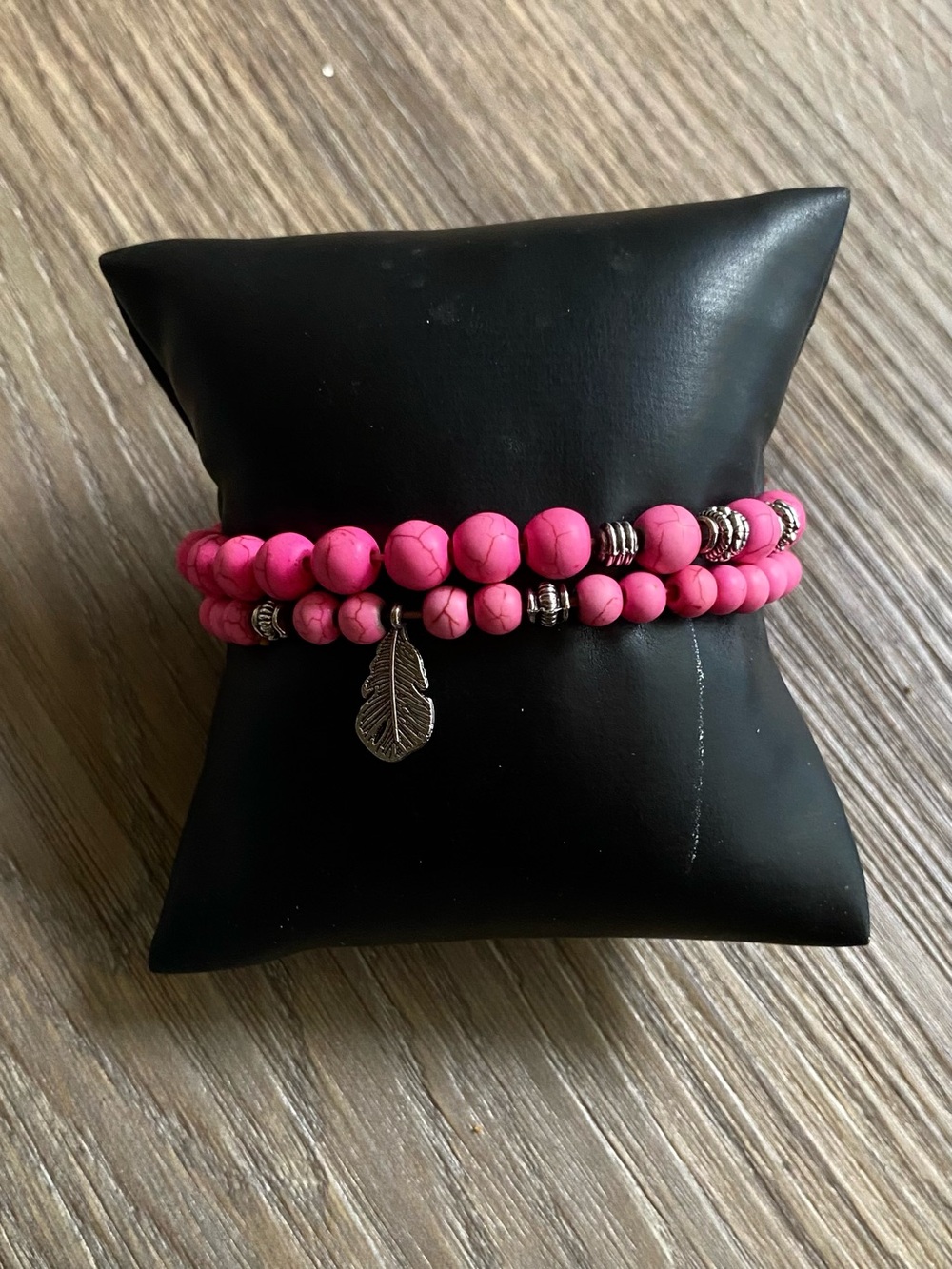 Pink 2Pc Beaded Bracelet Set with Feather Charm